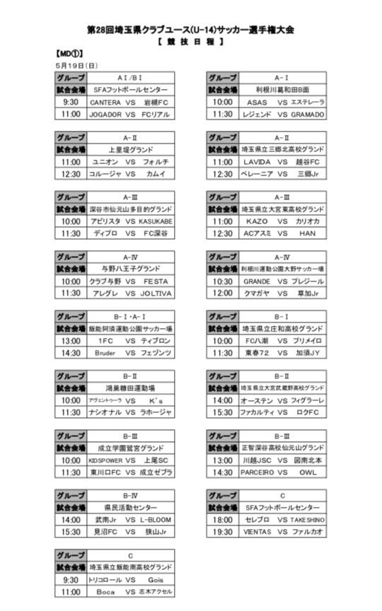 埼玉少年サッカー応援団 みんなのnews 組み合わせ掲載 5 19 埼玉クラブユース U14選手権大会