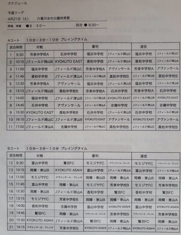 組合せ表掲載 4 21開催 19年度岡山県ユースu15フットサル大会 ジュニアサッカーnews