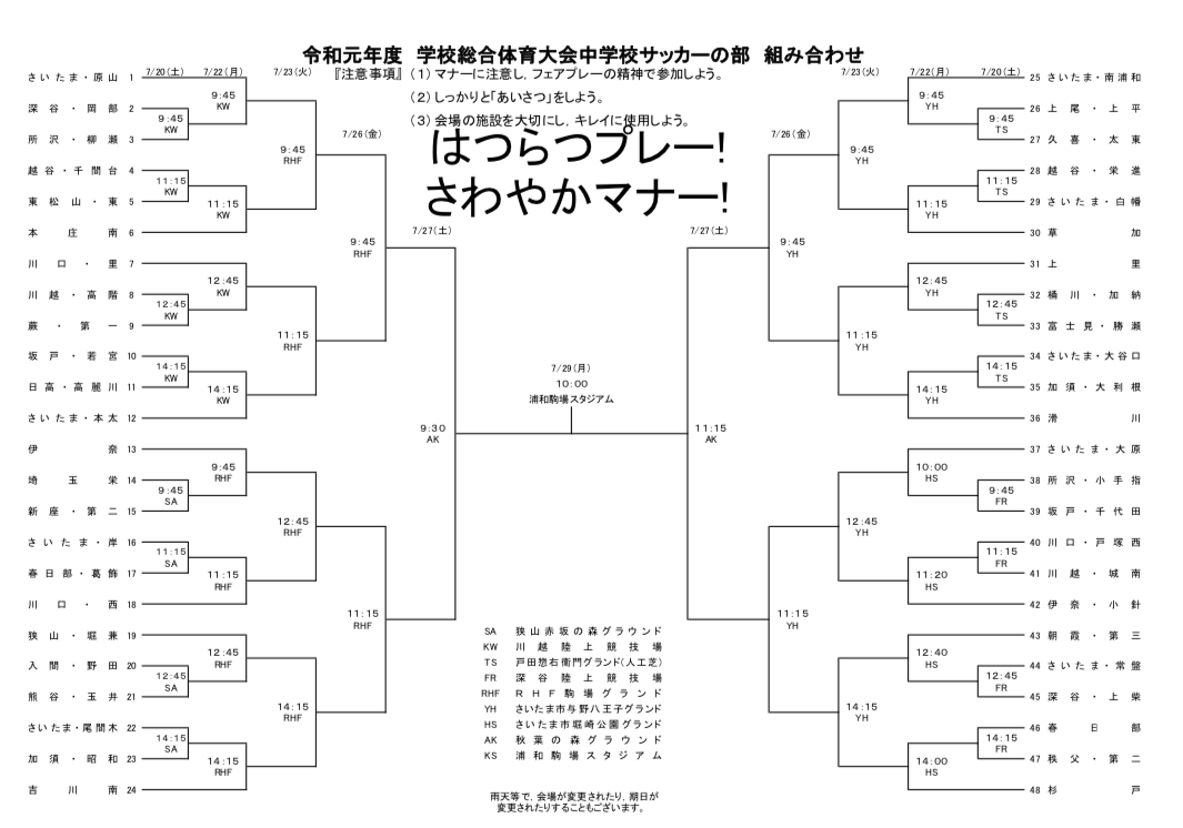 埼玉少年サッカー応援団 みんなのnews 組み合わせ掲載 7 開幕 19年度埼玉県学校総合体育大会 中学校サッカーの部 埼玉県大会 埼玉少年サッカー応援団 みんなのnews 組み合わせ掲載 7 開幕 19年度埼玉県学校総合体育大会 中学校サッカーの部 埼玉県大会