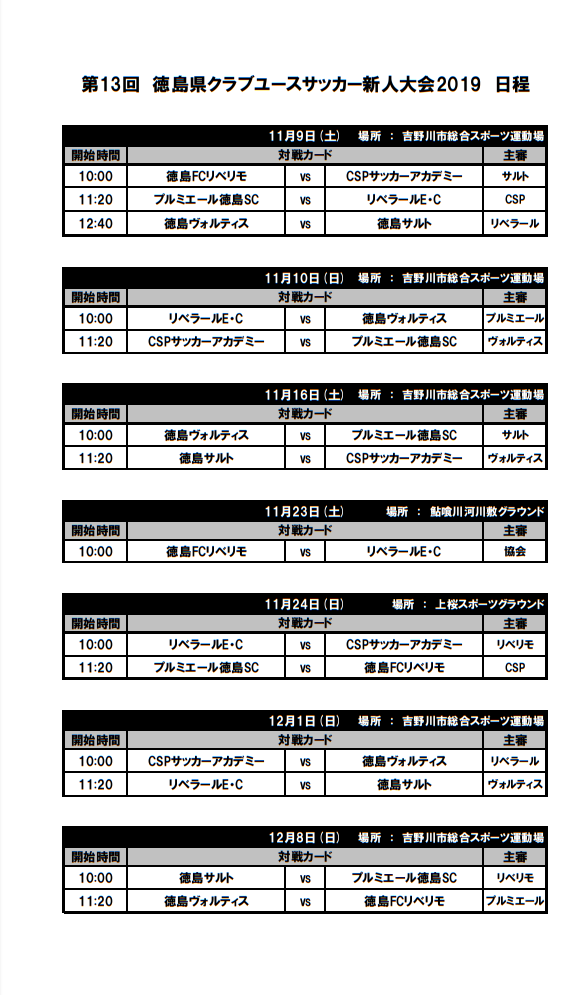 徳島少年サッカー応援団 みんなのnews 組合せ掲載 19年度 第13回 徳島県クラブユースサッカー新人大会 11 9他開催