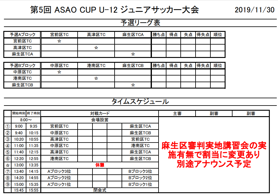 19年度第5回 Asao Cup U 12 ジュニアサッカー大会 組合せ掲載 11 30開催 神奈川 ジュニアサッカーnews 19年度第5回 Asao Cup U 12 ジュニアサッカー大会 組合せ掲載 11 30開催 神奈川 ジュニアサッカーnews