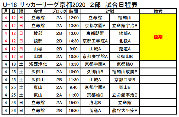 大会中止 高円宮杯jfa U 18サッカーリーグ京都 全試合中止が決定 ジュニアサッカーnews