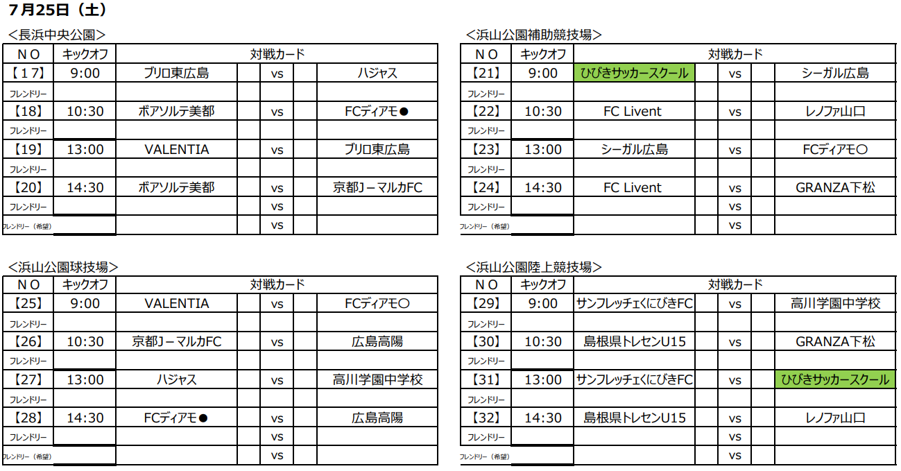 年度 サンフレッチェくにびきフェスティバルu15 7 24 25 26結果お待ちしています ジュニアサッカーnews