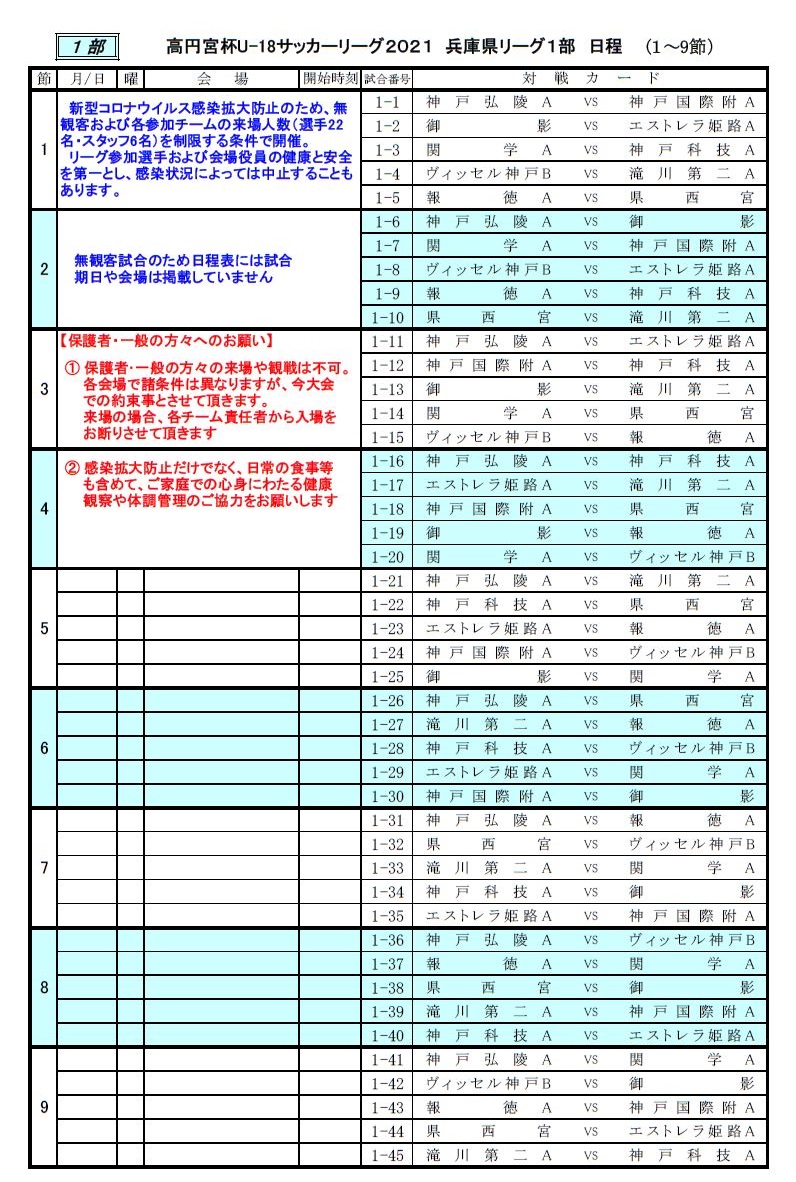 開幕再延期 高円宮杯 Jfa U 18サッカーリーグ21 兵庫県リーグ 4 3 開催予定 リーグ表掲載 ジュニアサッカーnews