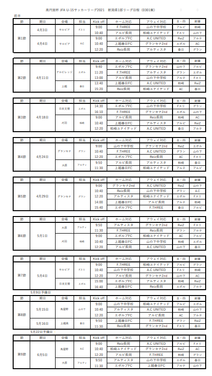 9月末まで中断 高円宮杯 Jfa U 15サッカーリーグ21 新潟 10 2再開を予定 ジュニアサッカーnews