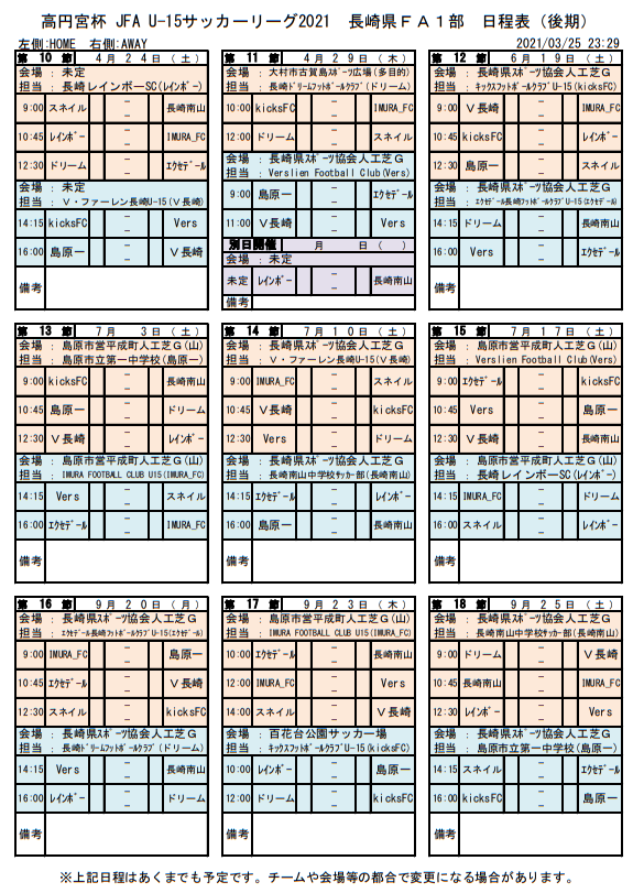 21年度 高円宮杯 Jfa U15サッカーリーグ21 長崎県fa 1部リーグ結果掲載 次回4 17 ジュニアサッカーnews