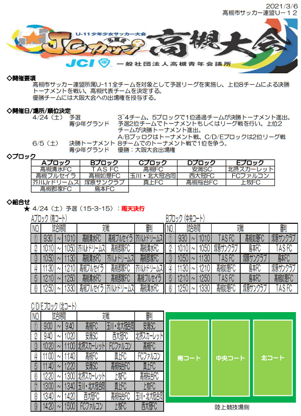 大会中止 21年度 Jcカップu 11少年少女サッカー高槻大会 大阪 4 24 6 5開催 組合せ掲載 ジュニアサッカーnews