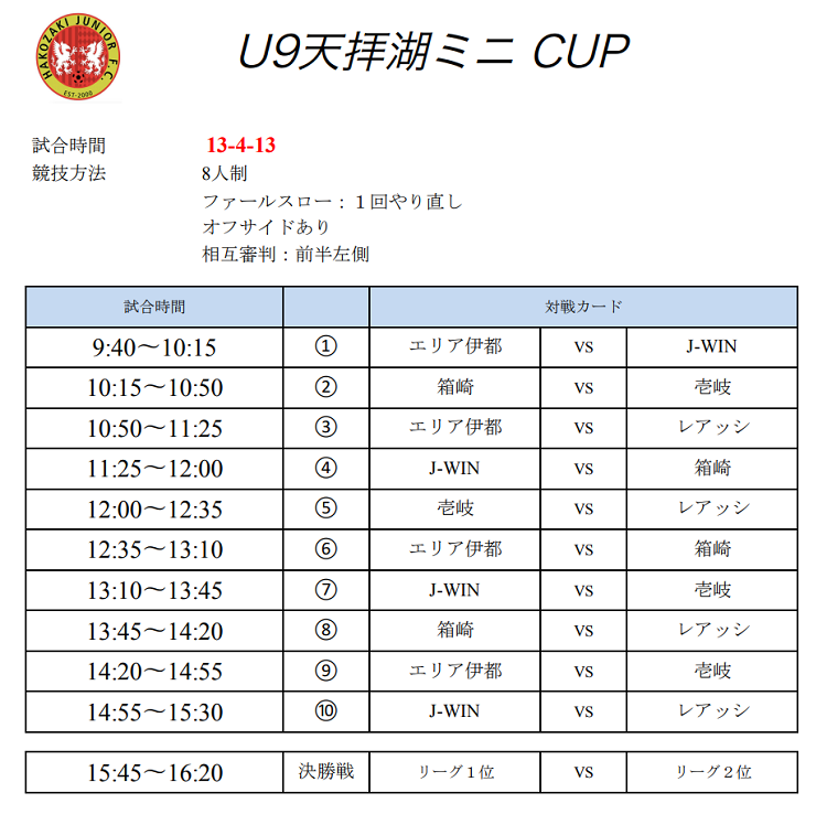 U 9天拝湖ミニ Cup 舞鶴城cup U 9 掲載 小さな大会 カップ戦まとめ 福岡県 随時更新 情報ありがとうございます ジュニアサッカーnews