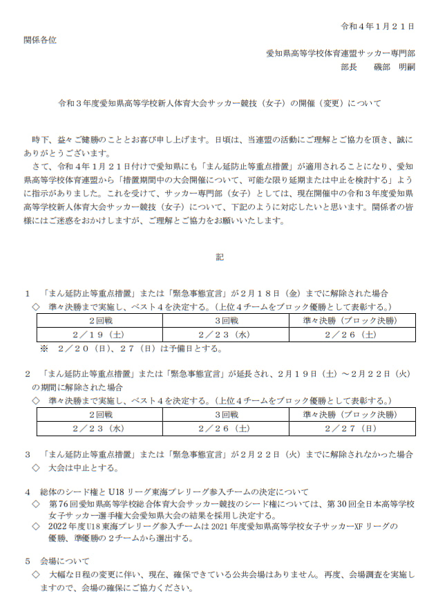 大会中止 21年度 愛知県高校新人体育大会 女子サッカー競技 1回戦 1 15結果までの結果掲載 ジュニアサッカーnews
