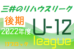 2022年度 三井のリハウスU-12サッカーリーグ 東京（後期）第13ブロック　リーグ戦終了！各グループ優勝チーム掲載