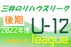 2022年度 三井のリハウスU-12サッカーリーグ 東京（後期）第14ブロック　全日程終了！各グループ上位掲載