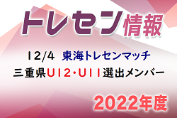 2022年度 12/4 東海トレセンマッチデー 三重県選出U-12･U-11メンバー掲載！