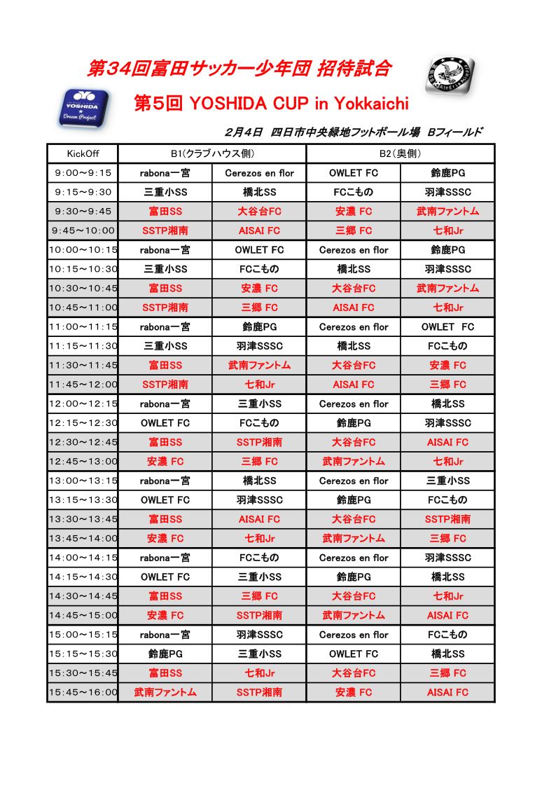 22年度 第34回 富田サッカー少年団招待試合 第5回yoshida Cup In Yokkaichi 三重 2 4 5開催 組み合わせ掲載しました ジュニアサッカーnews