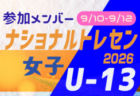 2026ナショナルトレセン女子U-13 参加メンバー 一覧（9/10～9/12＠高円宮記念JFA夢フィールド【千葉県】）