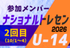 2026ナショナルトレセンU-14 2回目（10/1～4）メンバー掲載！